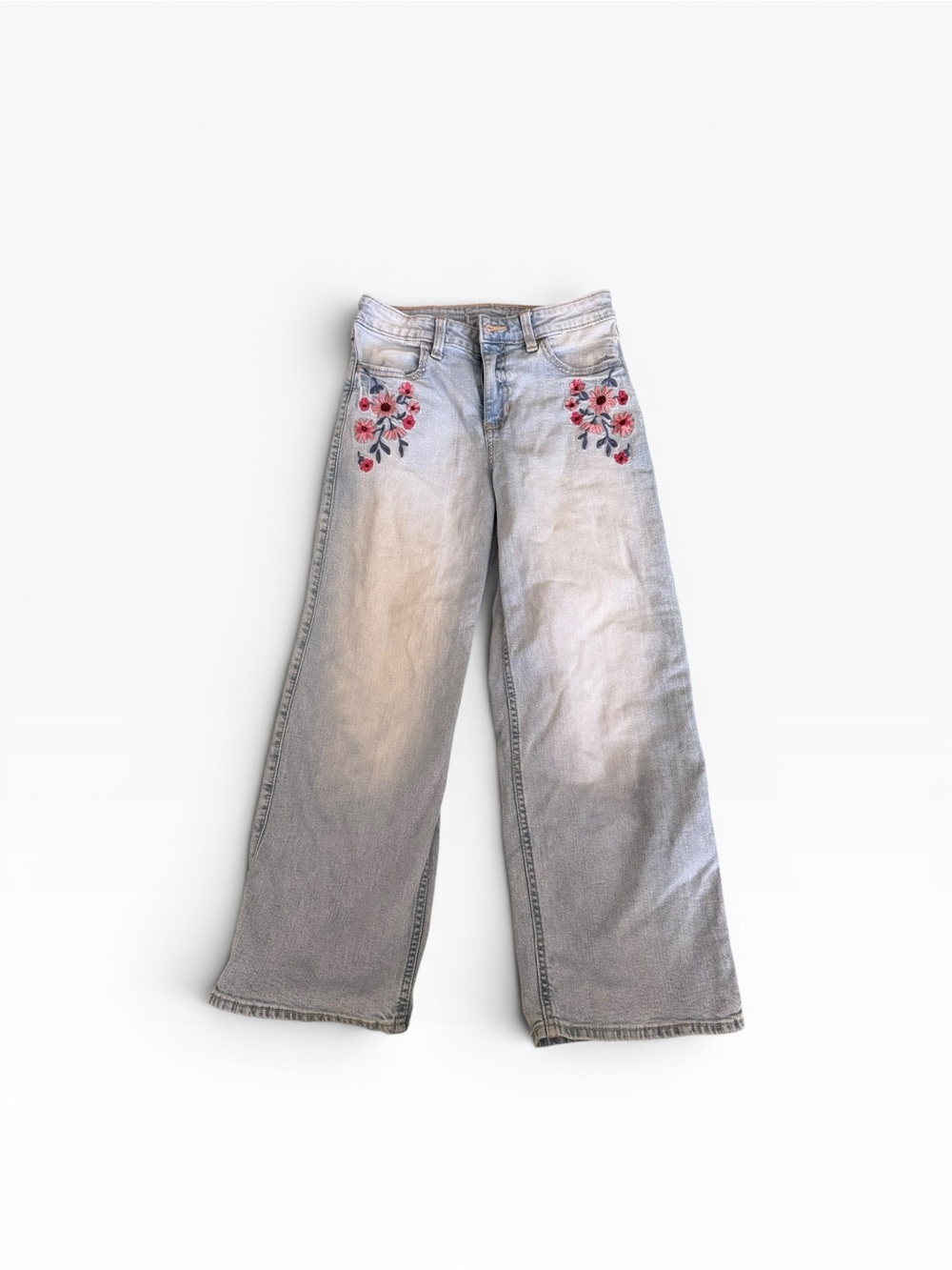 Abercrombie & Fitch Light Wash Wide-Leg Jeans with Pink Floral‎ Embroidery
